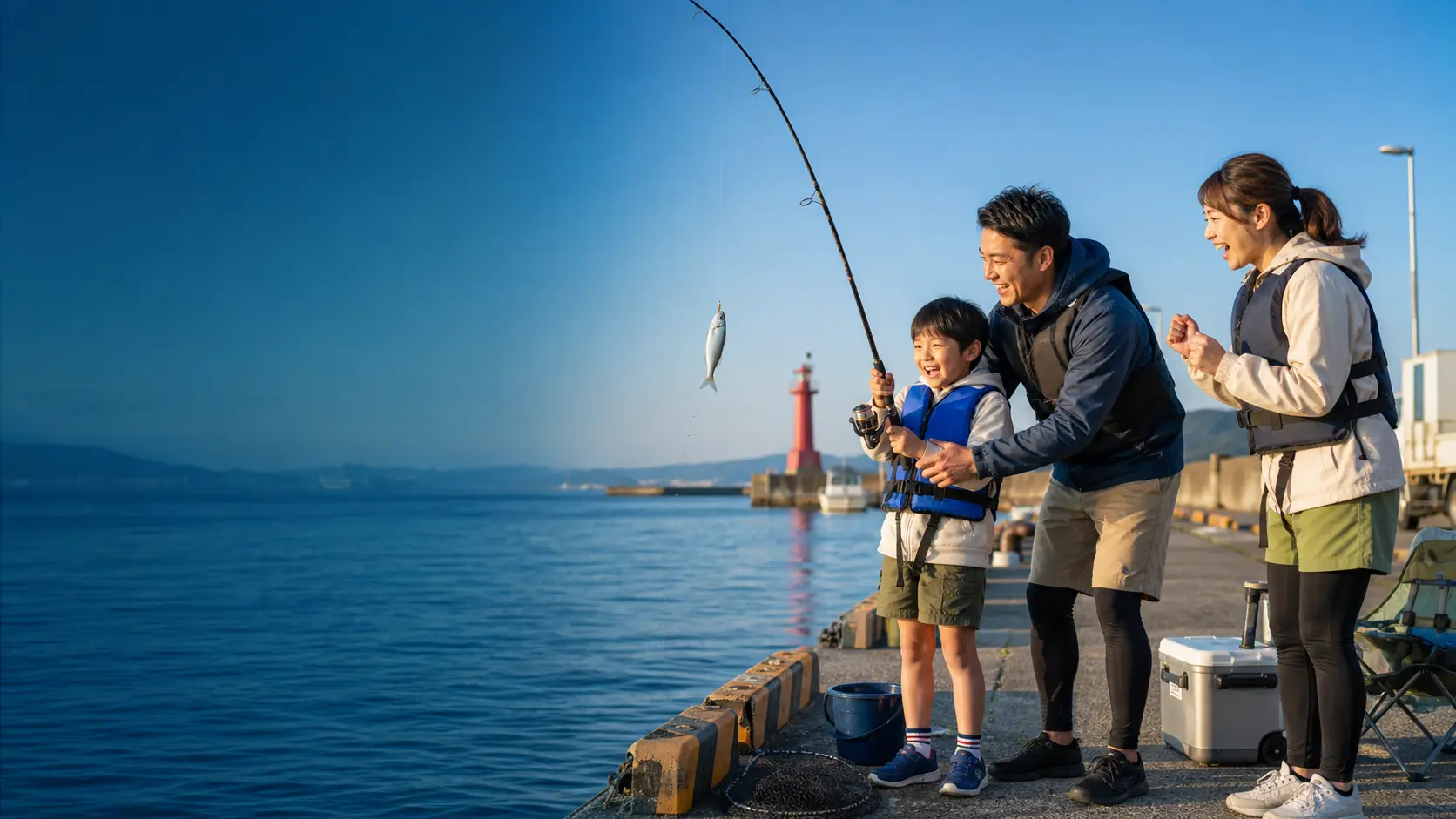 全員がライフジャケットを着用して海釣りを楽しむ親子
