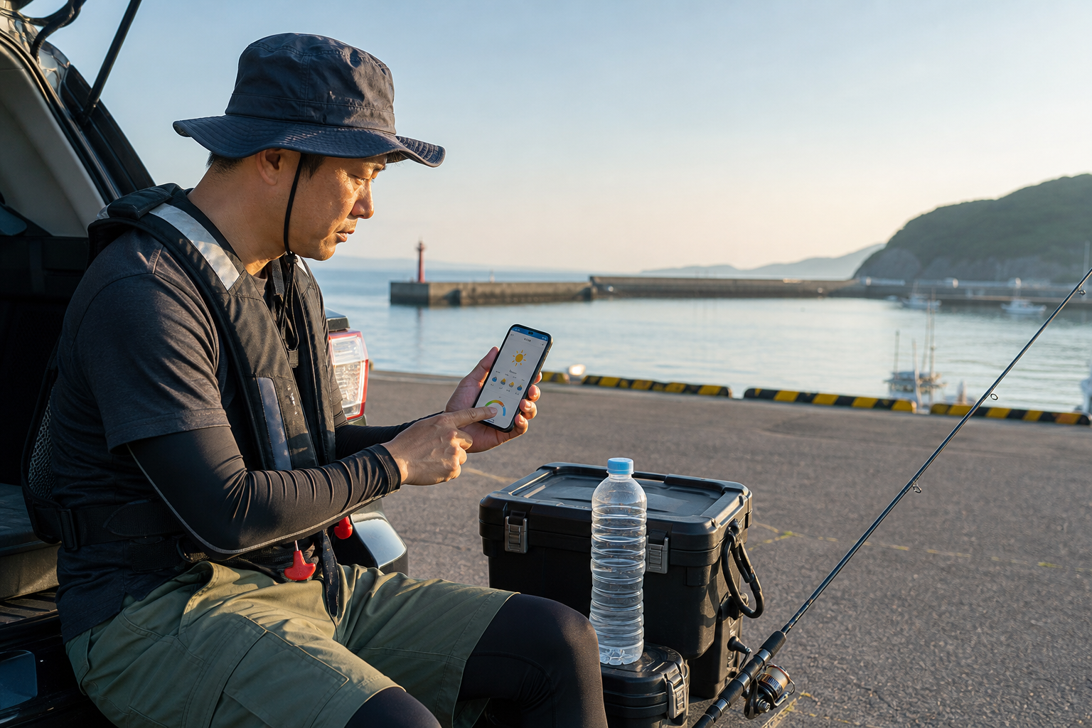 夏の釣りへ出発する前にスマートフォンでWBGTと天候を確認する釣り人