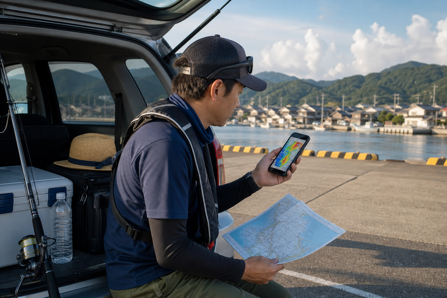 釣行前に気象庁の警報と注意報をスマートフォンで確認する様子