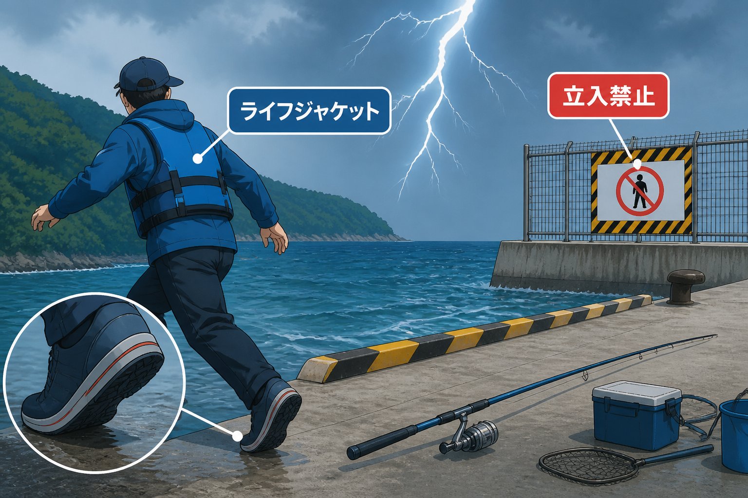 安全 釣り中の雷の危険に竿を置いて対処し避難する方法