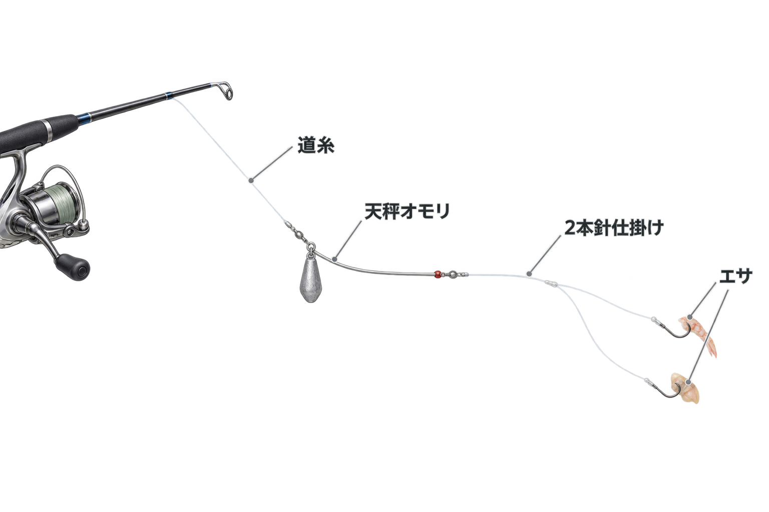 ちょい投げ仕掛けの道糸・天秤オモリ・2本針仕掛け・エサの構成図