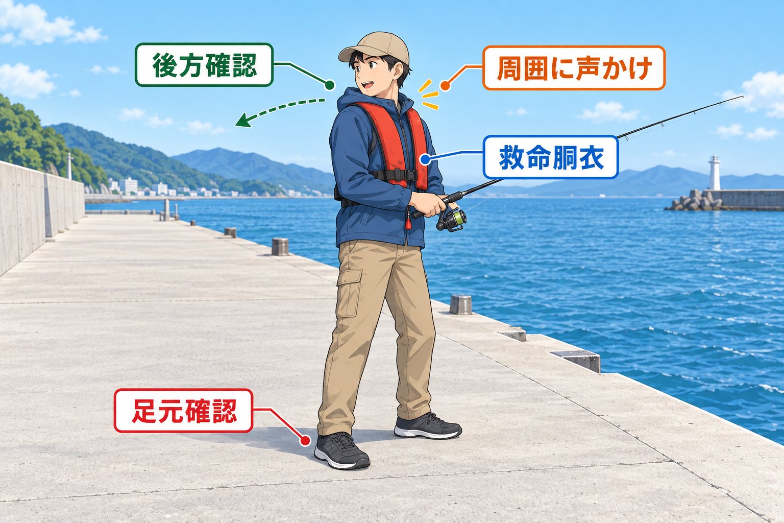 投げる前の後方・周囲・足元・救命胴衣の安全確認図