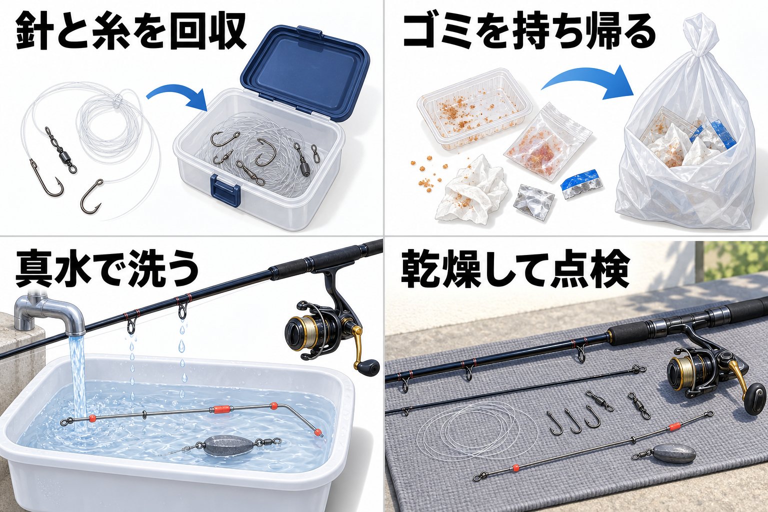 釣り後に針と糸やゴミを回収し道具を洗浄・点検する図