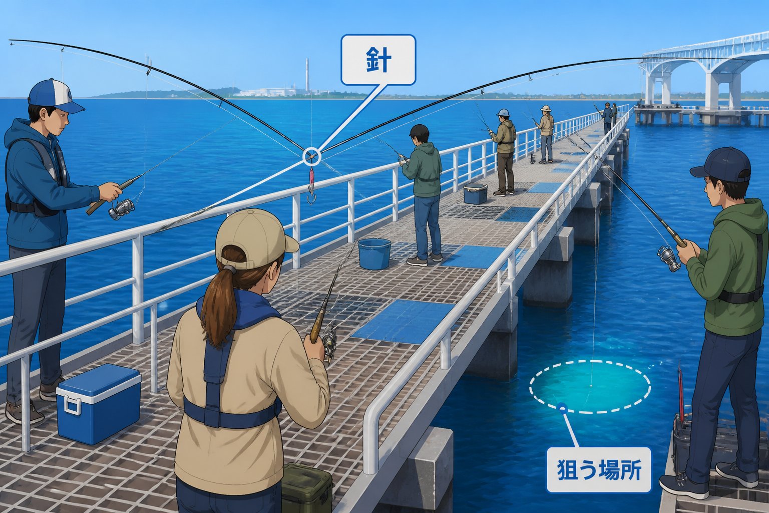大黒海づり施設の初心者ガイド|料金・アクセス・安全ルール「混雑時の釣り方に注意」の図解