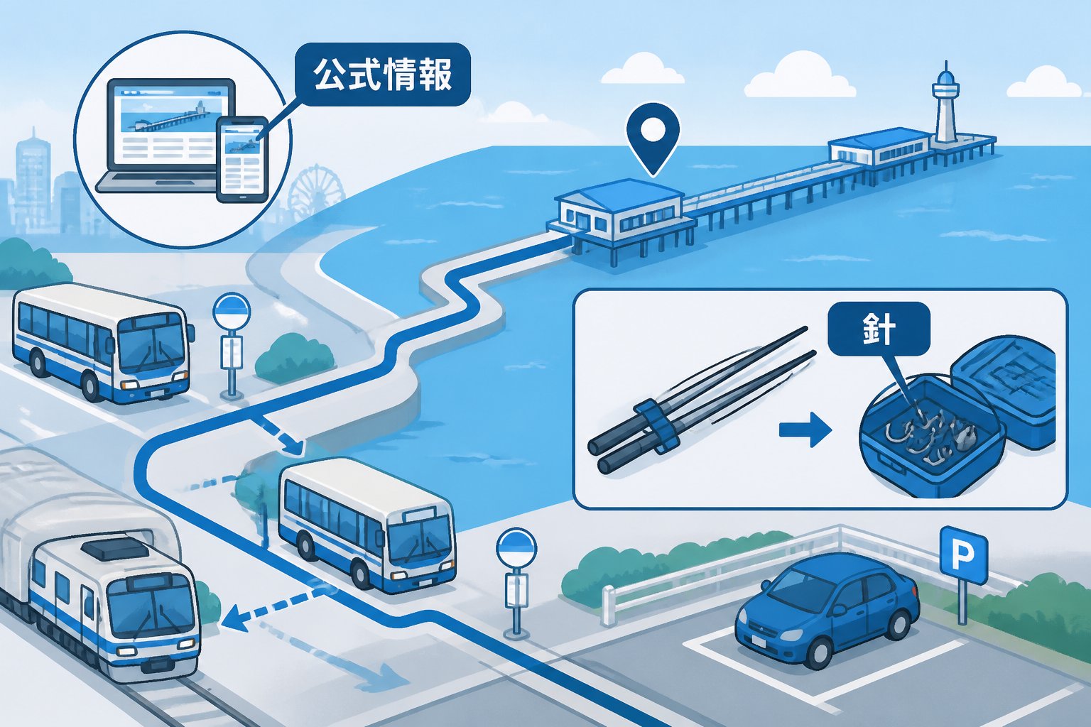 本牧海づり施設を初心者が利用する前に確認したい料金・設備・ルール「アクセスは往復の交通まで確認」の図解