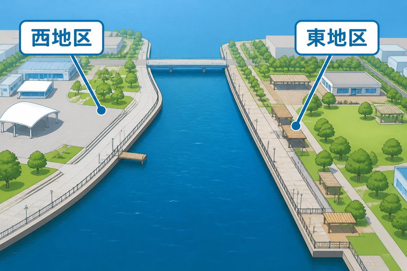 水の広場公園の釣りガイド|可能エリア・駅からのアクセス・注意点「水の広場公園は東地区と西地区に分かれる」の図解