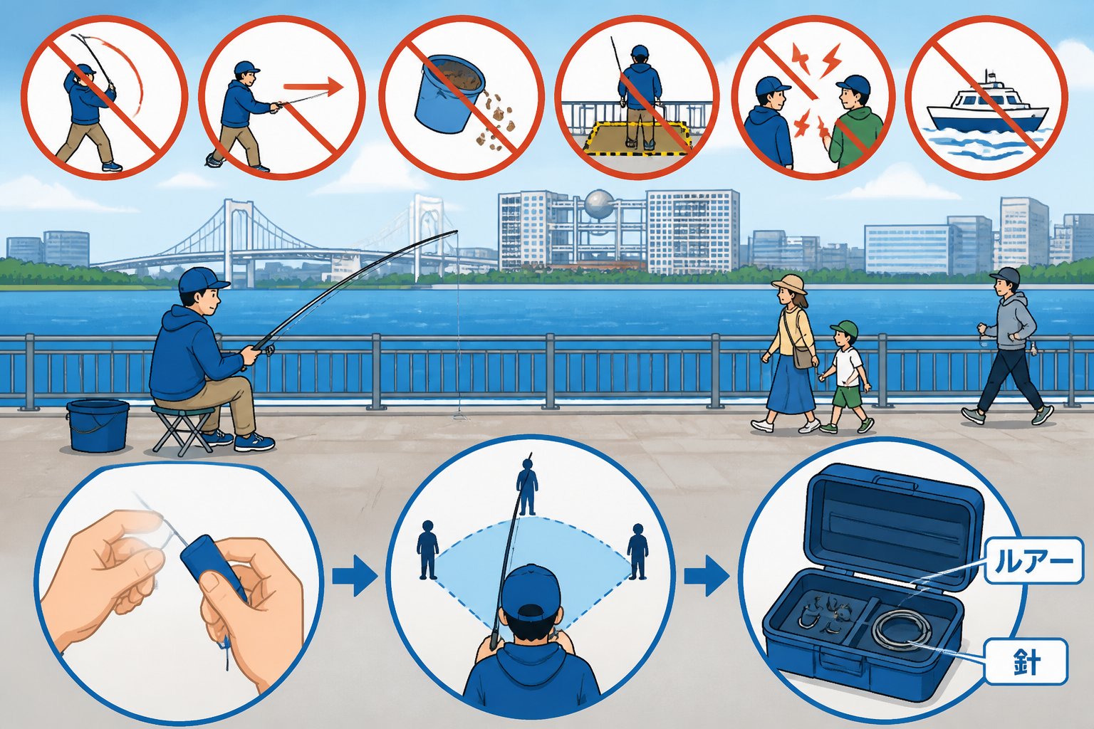 お台場海浜公園で釣りができる場所は?可能エリア・禁止事項・アクセス「禁止事項|投げ釣り・撒き餌・指定場所以外の釣りは禁止」の図解