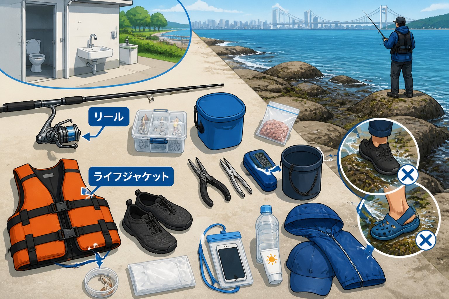 お台場海浜公園で釣りができる場所は?可能エリア・禁止事項・アクセス「初心者が準備したい道具と設備」の図解