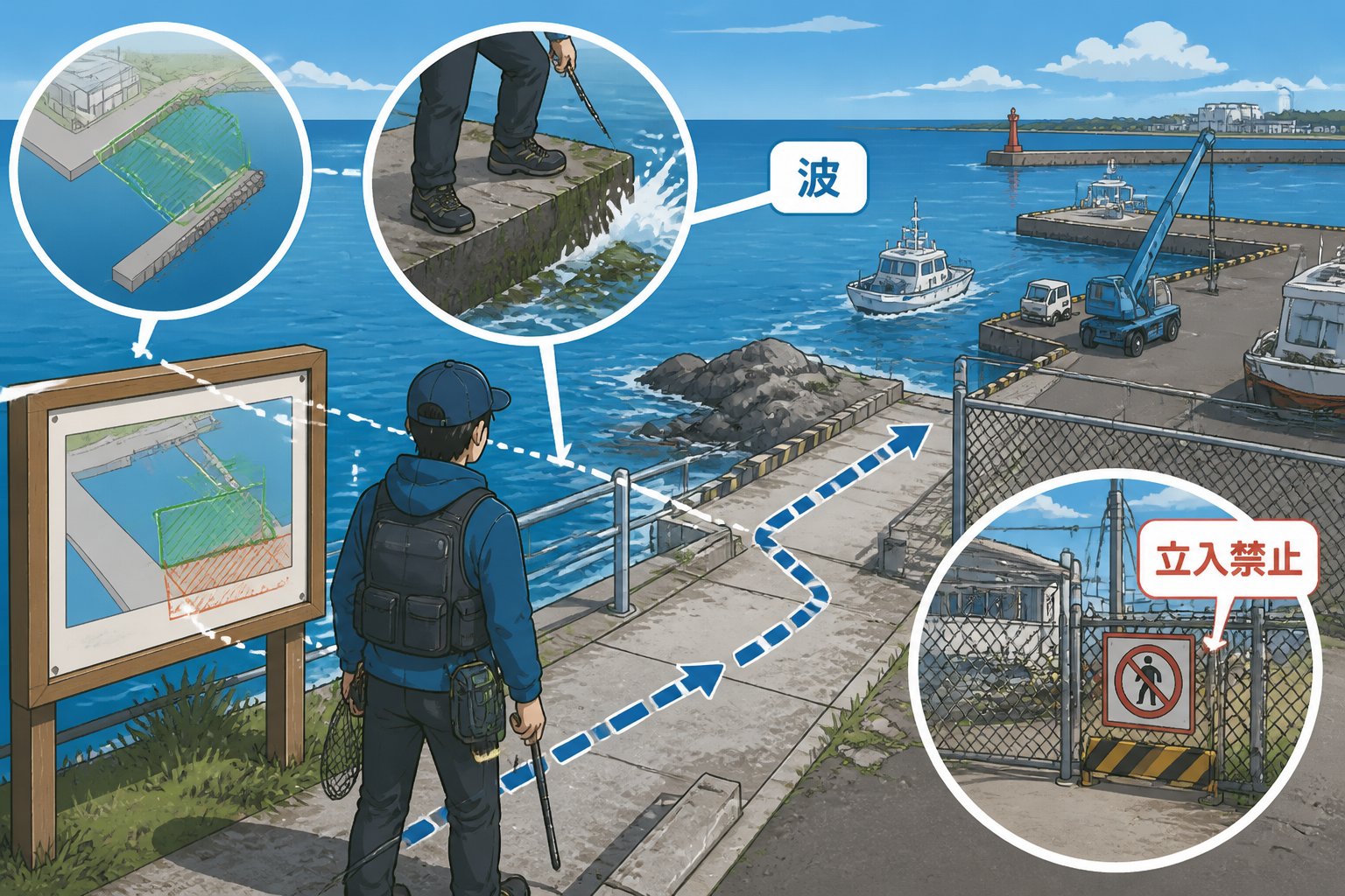 東京の海釣りで必要な持ち物と安全確認｜初心者向け出発前チェック「到着後の現地確認」の図解