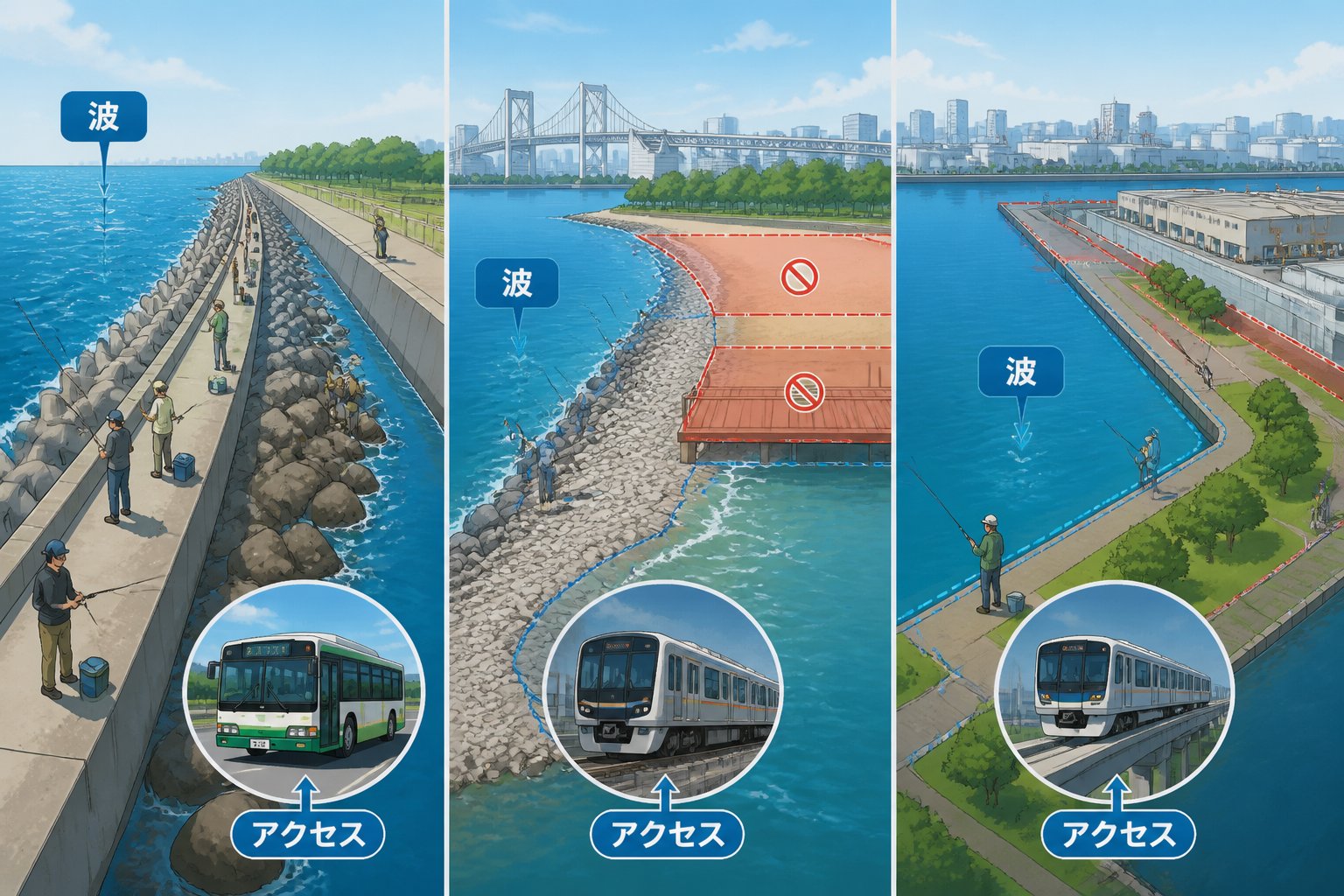 東京の無料釣り場3選|初心者が確認したいアクセス・設備・禁止事項「3つの無料釣り場を比較」の図解