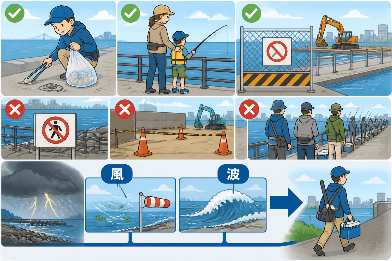 東京の無料釣り場3選|初心者が確認したいアクセス・設備・禁止事項「無料でも守るべき共通ルール」の図解