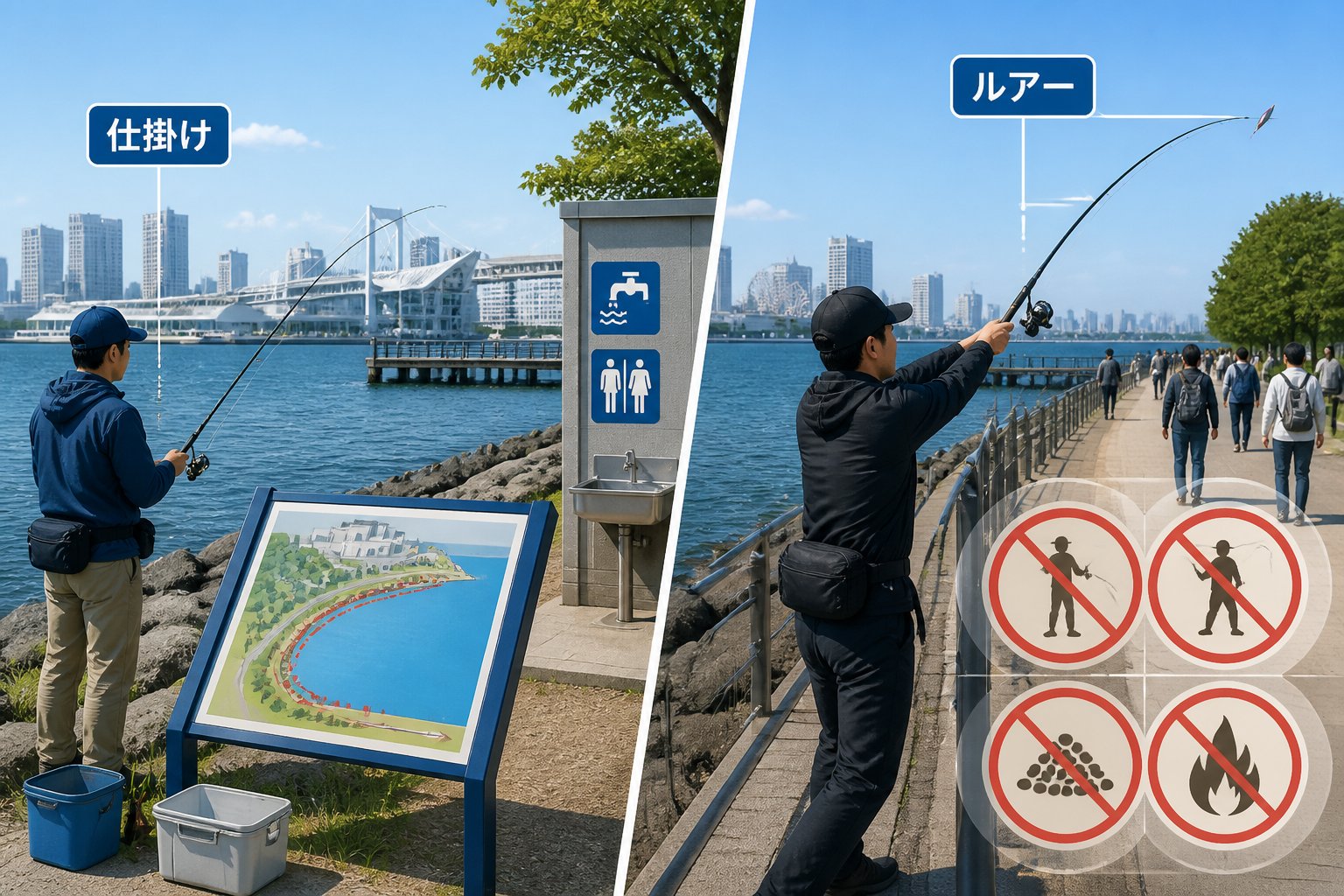 東京で電車・バスで行ける海釣り場3選|初心者向け設備とルール「2. お台場海浜公園|駅から近く設備を確認しやすい」の図解