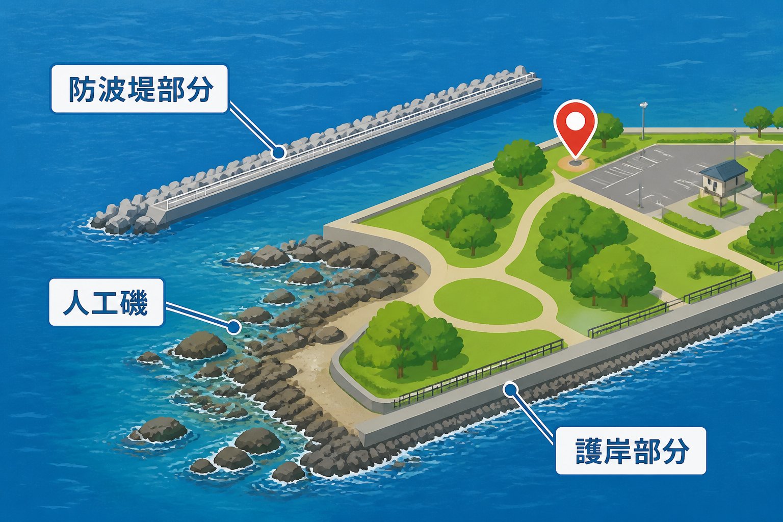 若洲海浜公園の海釣り施設ガイド|初心者向けルール・時間・アクセス「若洲海浜公園の海釣り施設は3つに分かれる」の図解