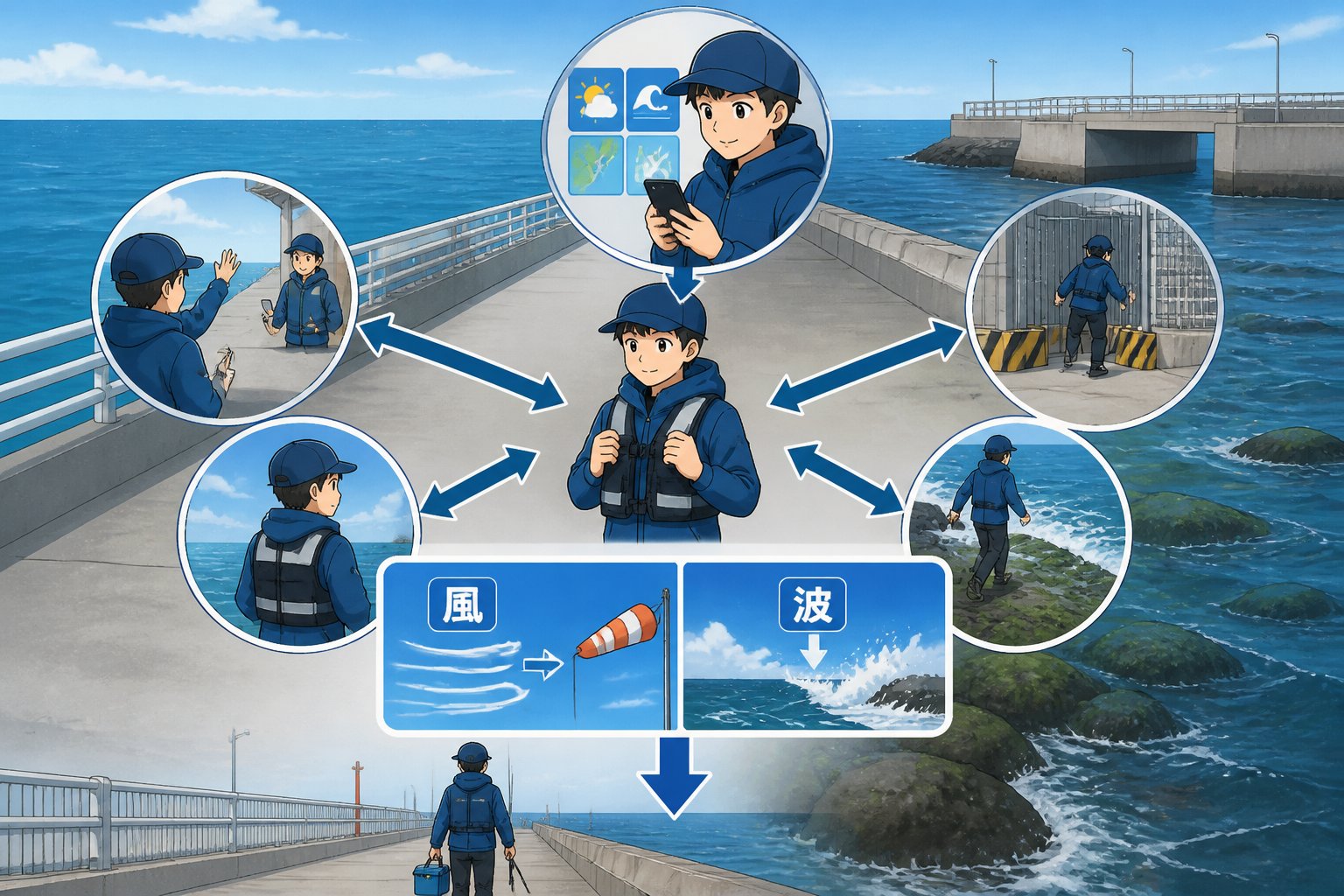 若洲海浜公園の海釣り施設ガイド|初心者向けルール・時間・アクセス「安全に利用するための出発前チェック」の図解