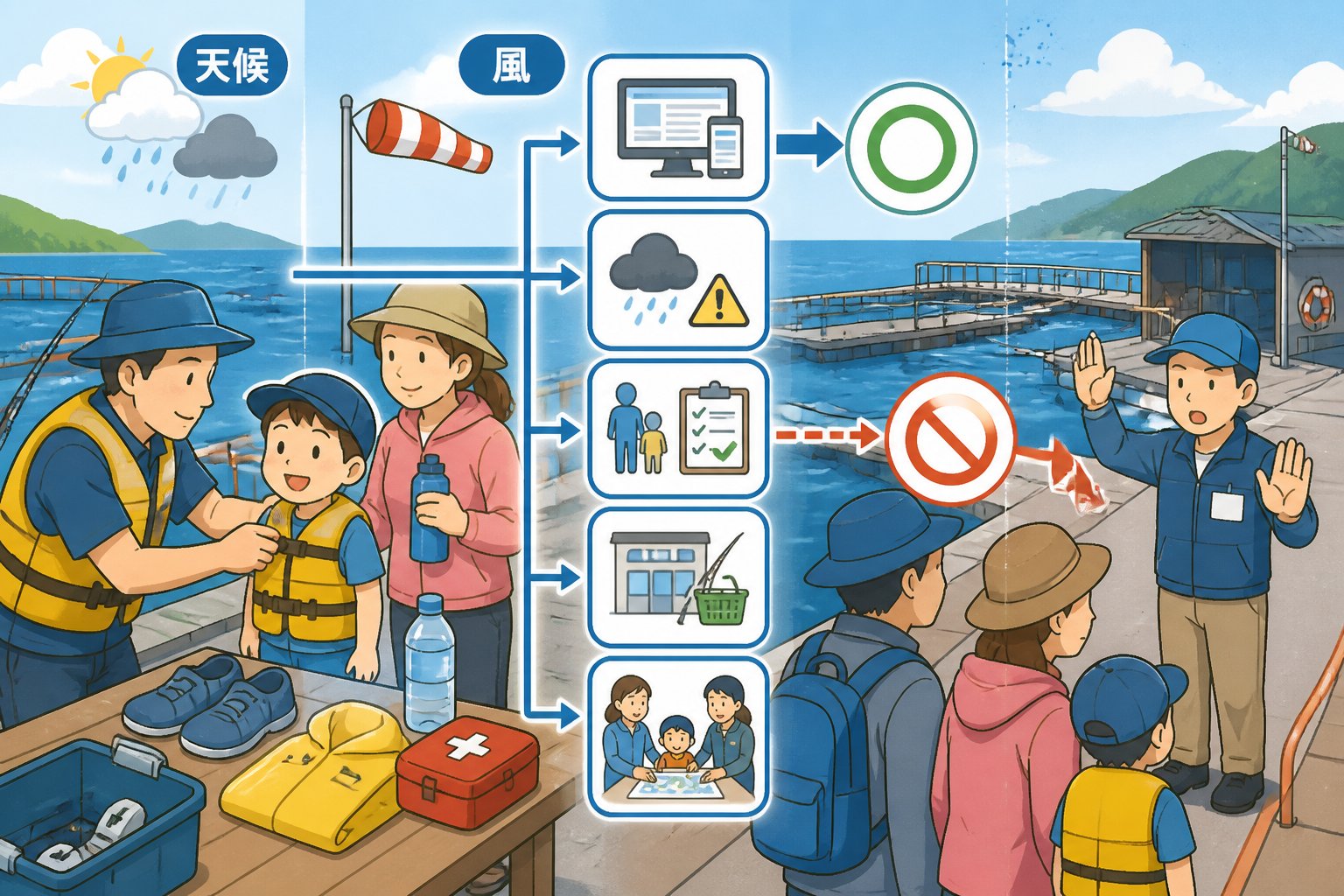 三重県の海上釣り堀ランキング|初心者・親子向け3施設を100点比較「初心者・親子が出発前に確認したい安全項目」の図解
