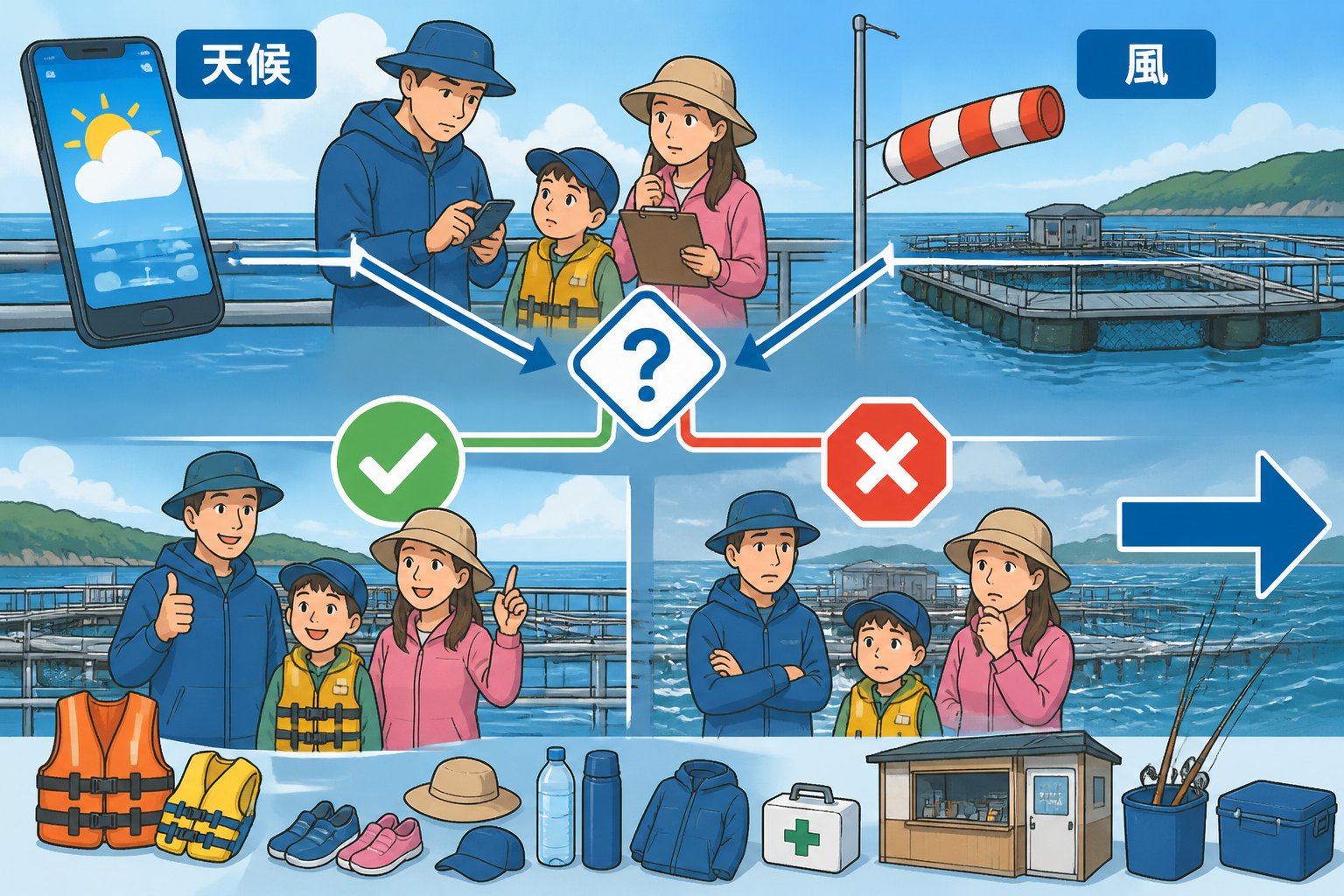 大阪府の海上釣り堀ランキング|初心者・親子向け3施設を100点比較「初心者・親子が出発前に確認したい安全項目」の図解