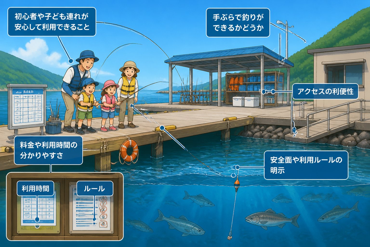 熊本 釣り場 初心者・親子向け施設TOP5｜手ぶらOKや海上釣り堀を比較「選定基準」の図解