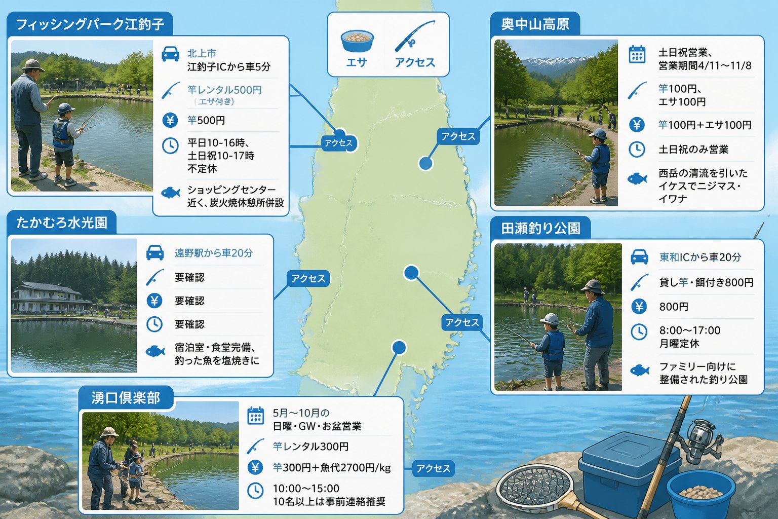 岩手県初心者・親子向け管理釣り場TOP5|手ぶらOK施設を徹底比較「岩手県初心者・親子向け管理釣り場比較早見表」の図解