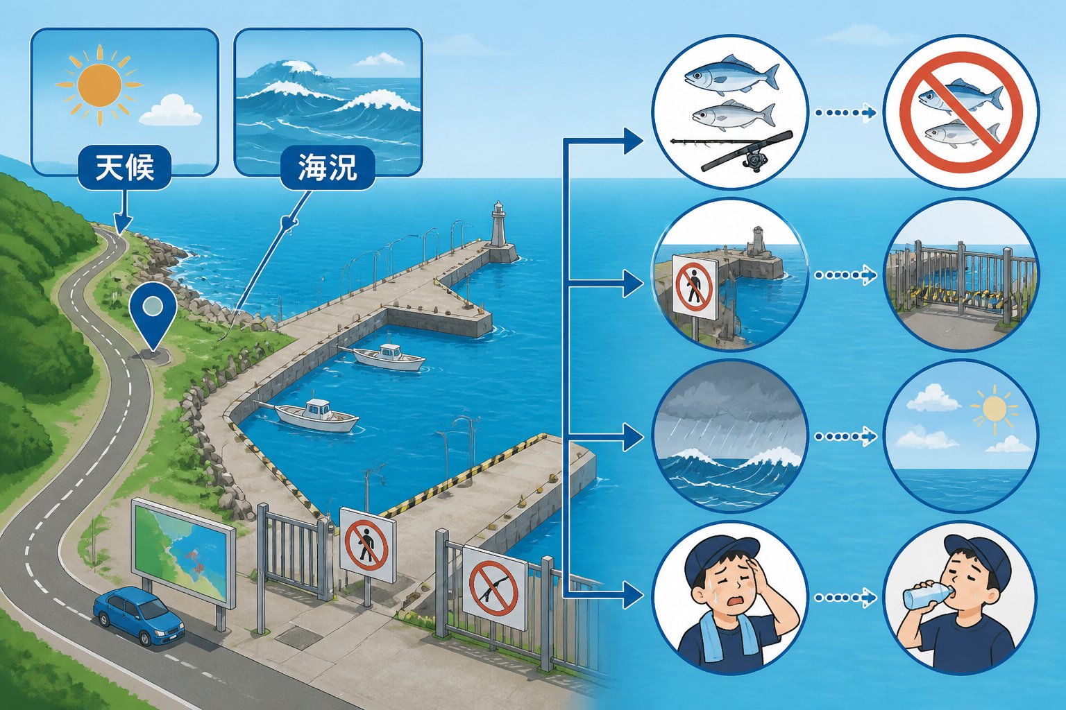 北海道で夏の海釣りを始める初心者向けルールと安全確認「北海道の釣り場へ行く初心者が夏の海釣り前に確認すること」の図解