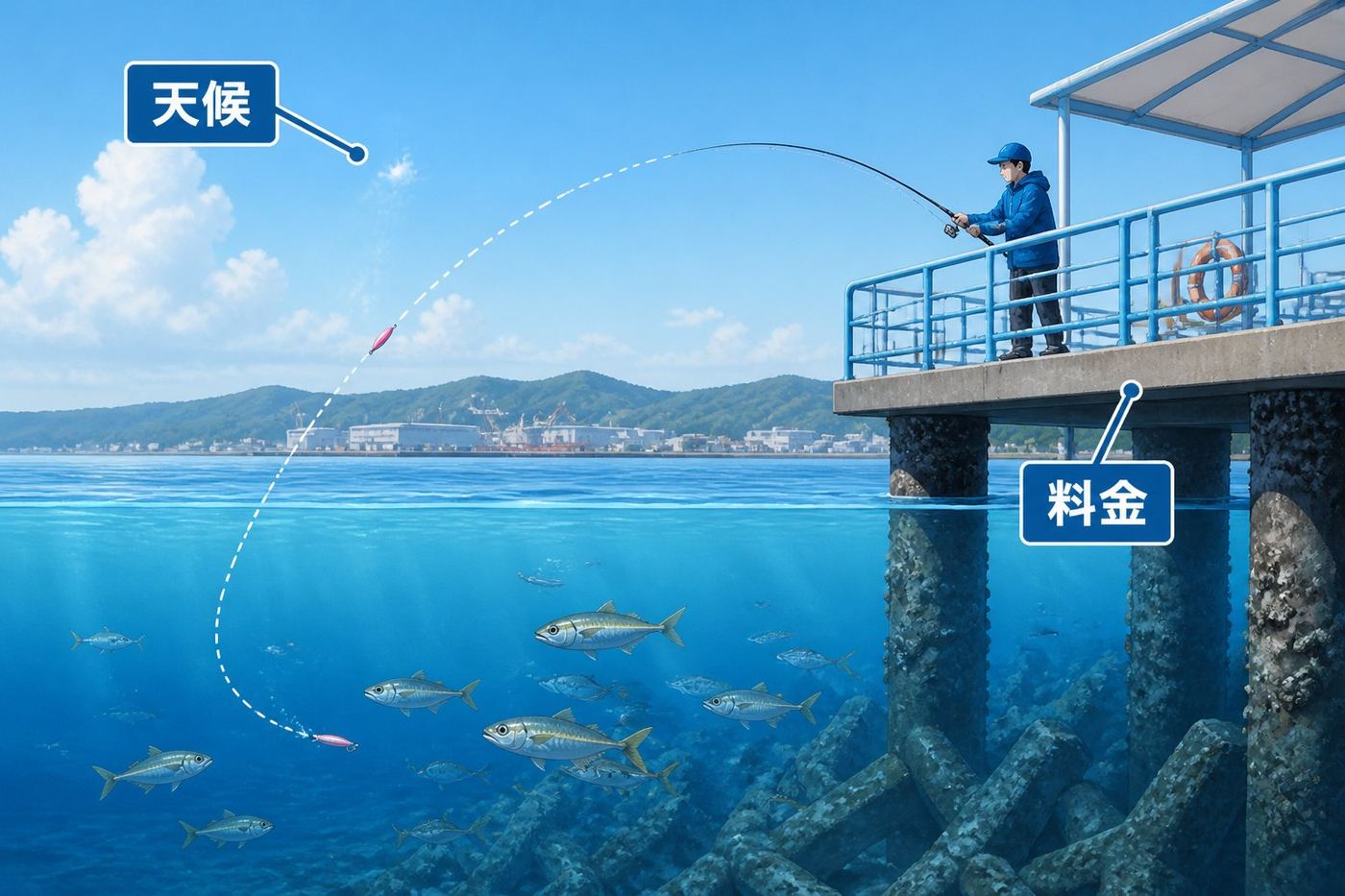 静岡の堤防アジ釣り場を初心者へ｜清水港海づり公園ガイド「清水港海づり公園で公式確認できた営業・料金・魚種」の図解