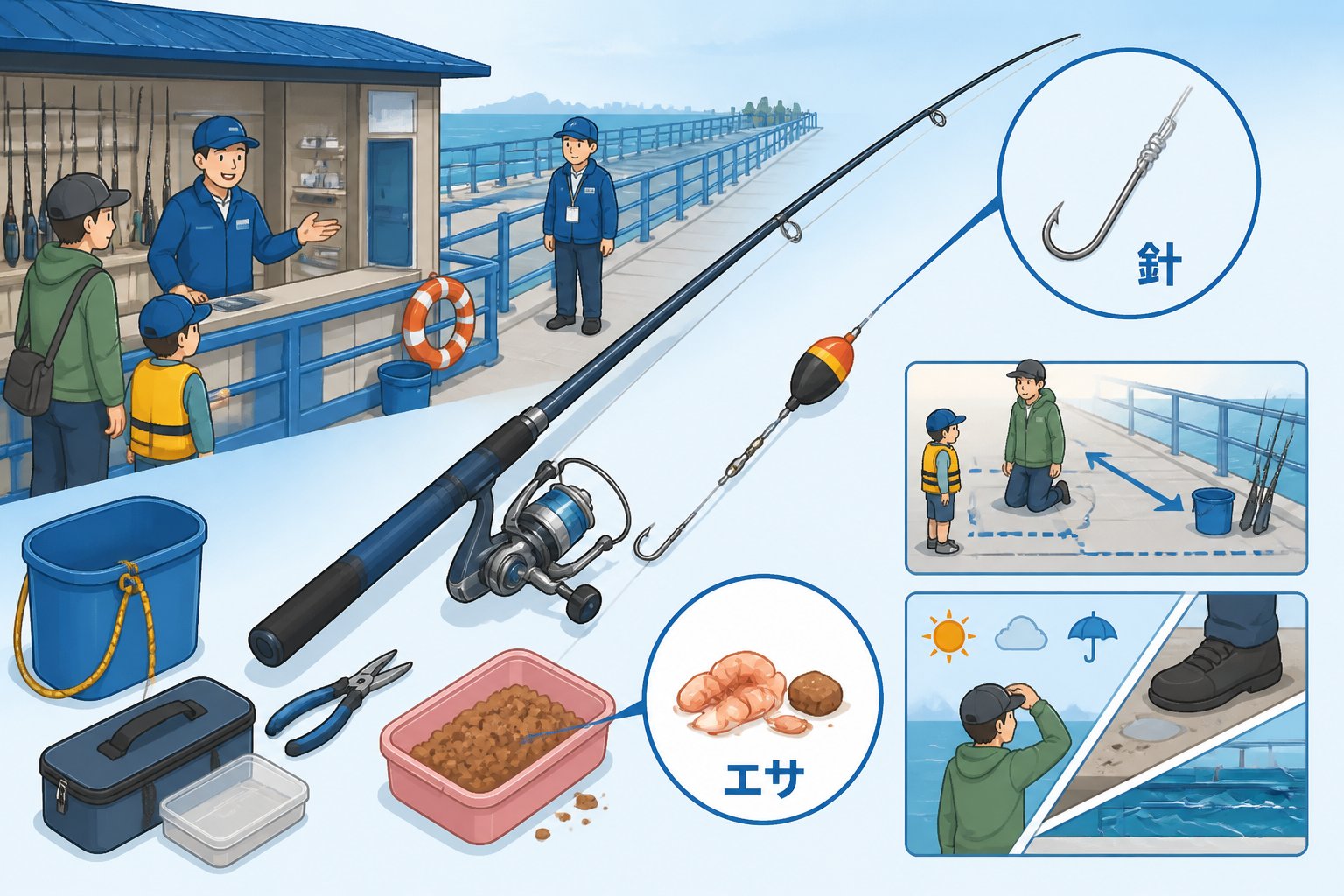 兵庫の駅近海釣り場を初心者へ｜神戸市立平磯海づり公園ガイド「貸竿・売店・スタッフ案内は初心者の準備に役立つ」の図解