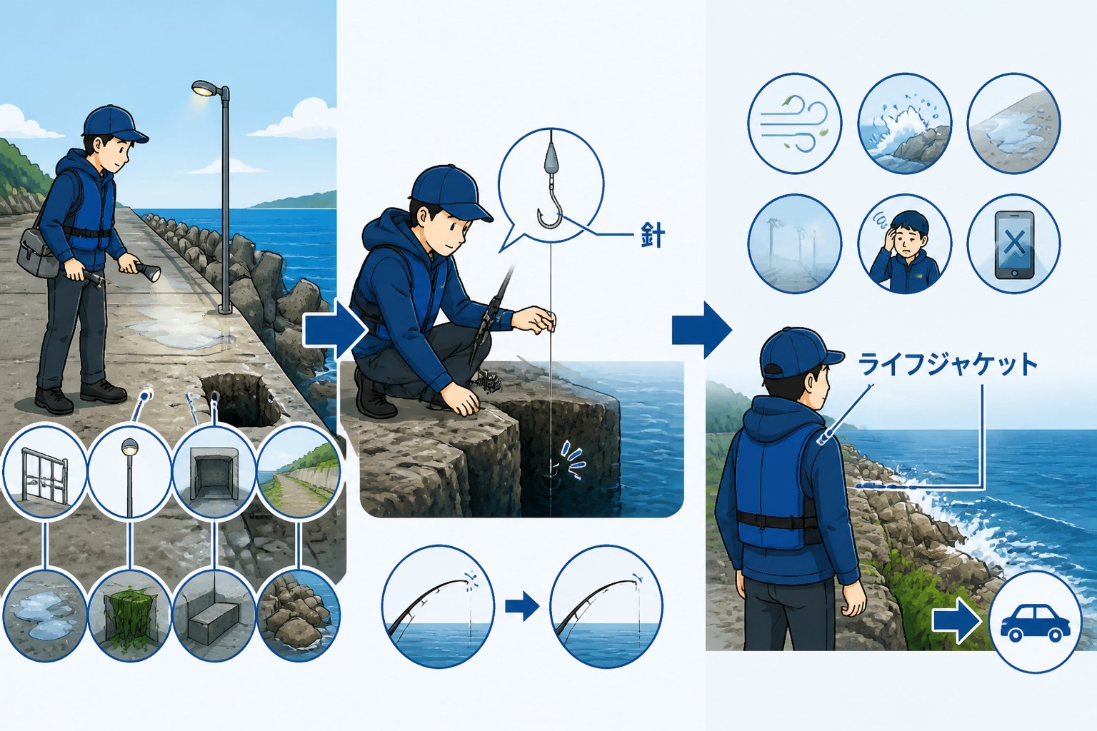 初心者向けカサゴ釣りの穴釣り仕掛けと準備・安全確認の手順「カサゴの穴釣りを始める手順とやめどき」の図解