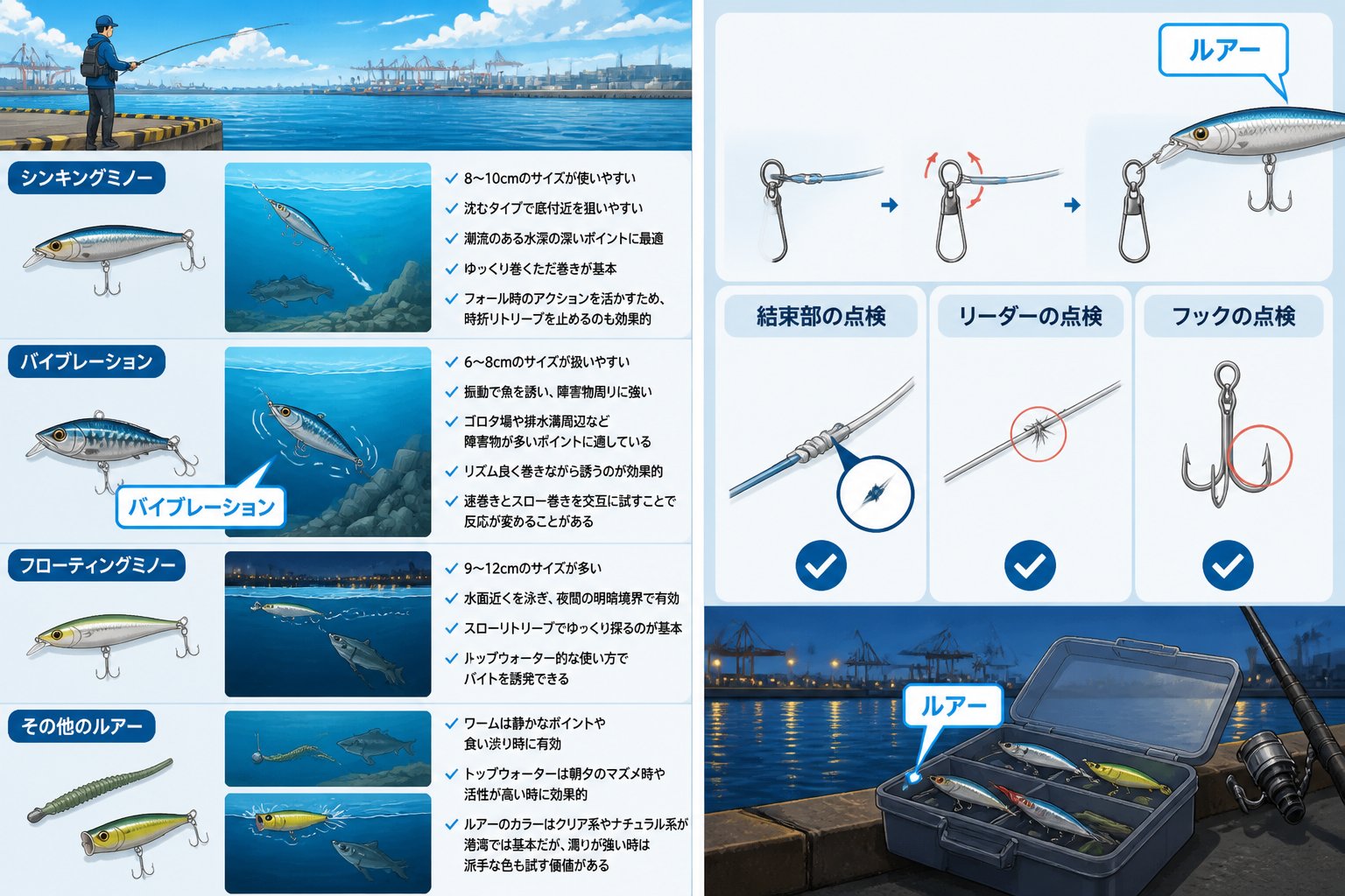 港湾でシーバス初心者が知るべきルアーの選び方と釣り方の基本ポイント「シーバス初心者が港湾でルアーの種類と特徴を理解し選び方を知る」の図解