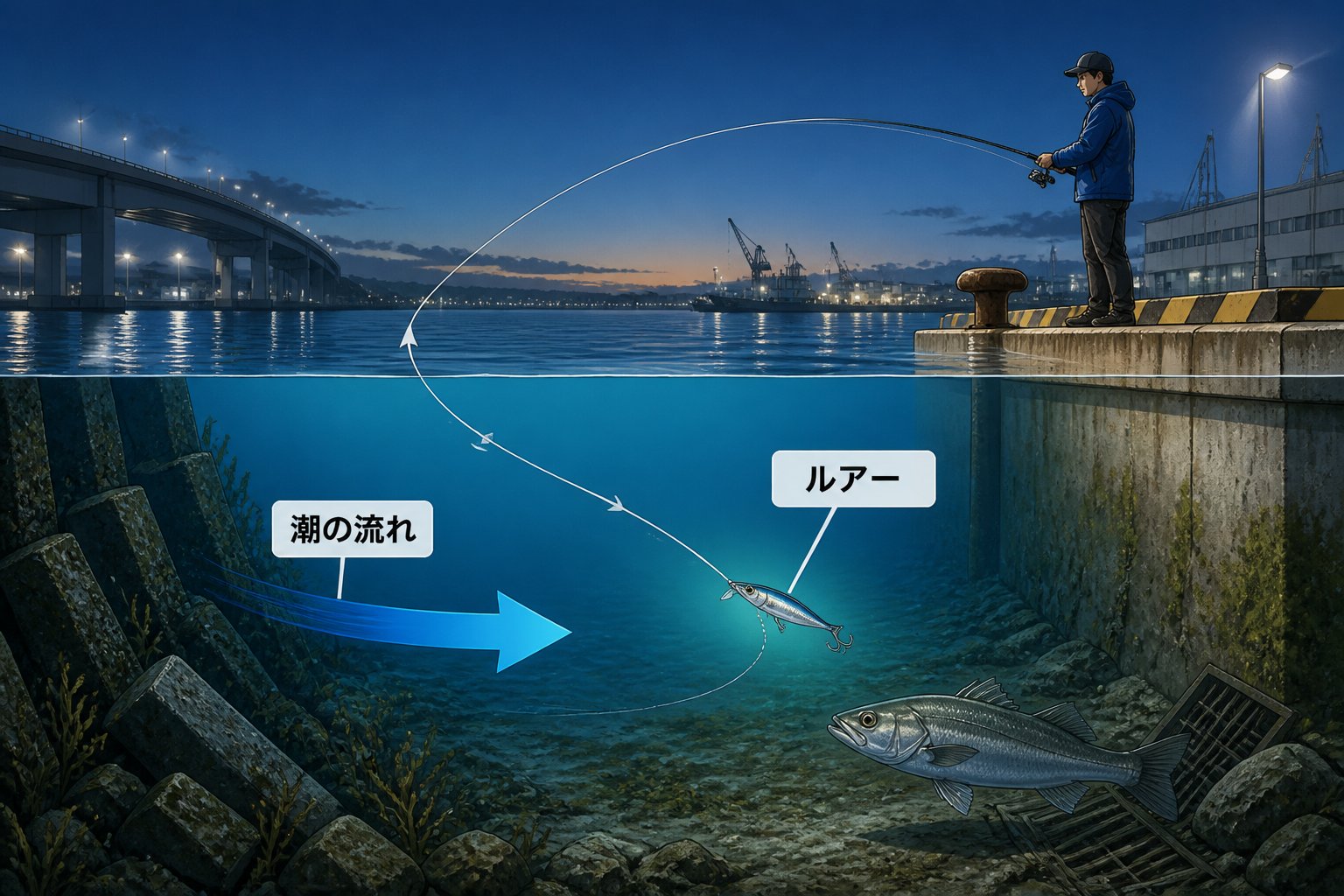 港湾でシーバス初心者が知るべきルアーの選び方と釣り方の基本ポイント「シーバス初心者が港湾で釣る際のルアー選びと釣り方の基本ポイントを含む詳細な釣り方とポイント解説」の図解