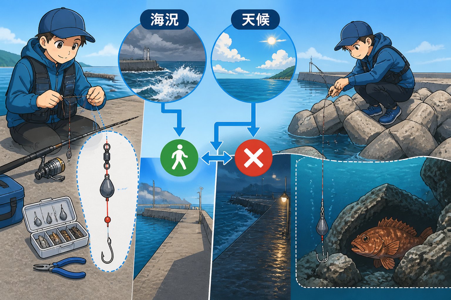 カサゴ穴釣り初心者の仕掛けと安全確認|根掛かりを避ける手順「カサゴ穴釣り初心者が仕掛けを準備する前に」の図解