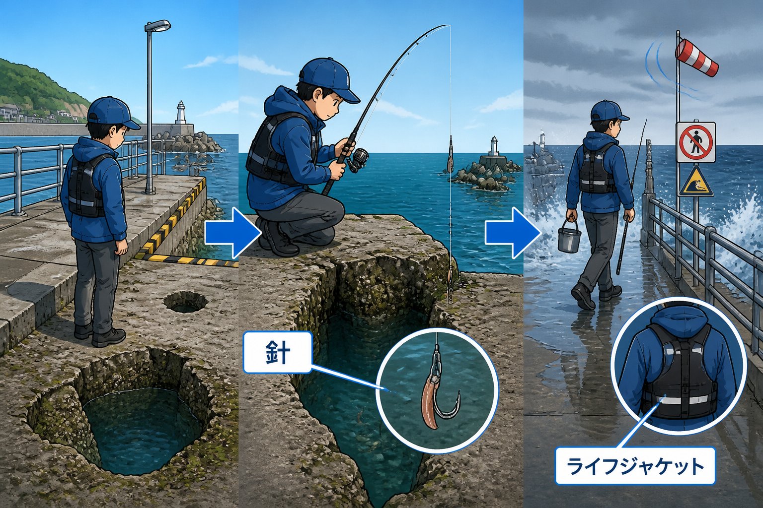 カサゴ穴釣り初心者の仕掛けと安全確認|根掛かりを避ける手順「カサゴの穴釣りを始める手順とやめどき」の図解