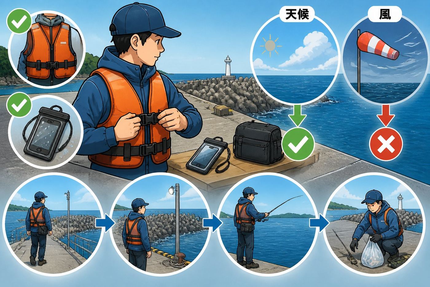 カサゴ穴釣り初心者の仕掛けと安全確認|根掛かりを避ける手順「穴釣り初心者の安全装備と釣行前チェック」の図解