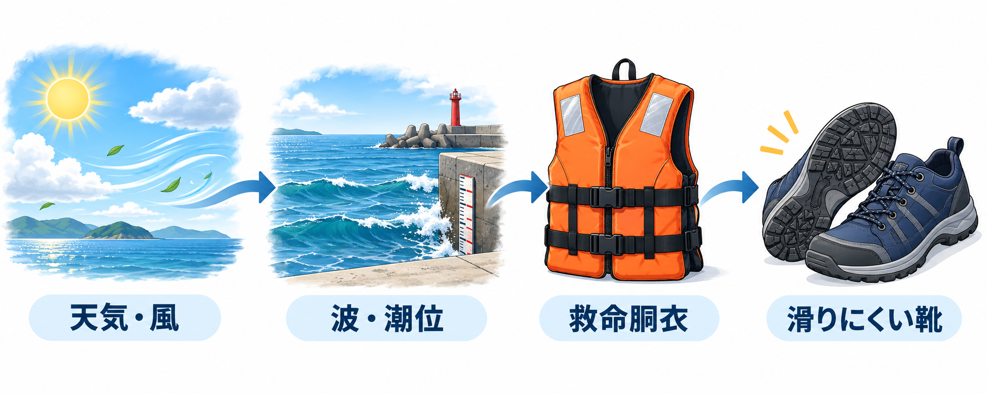 釣行前の天気・潮位・安全装備を確認する図