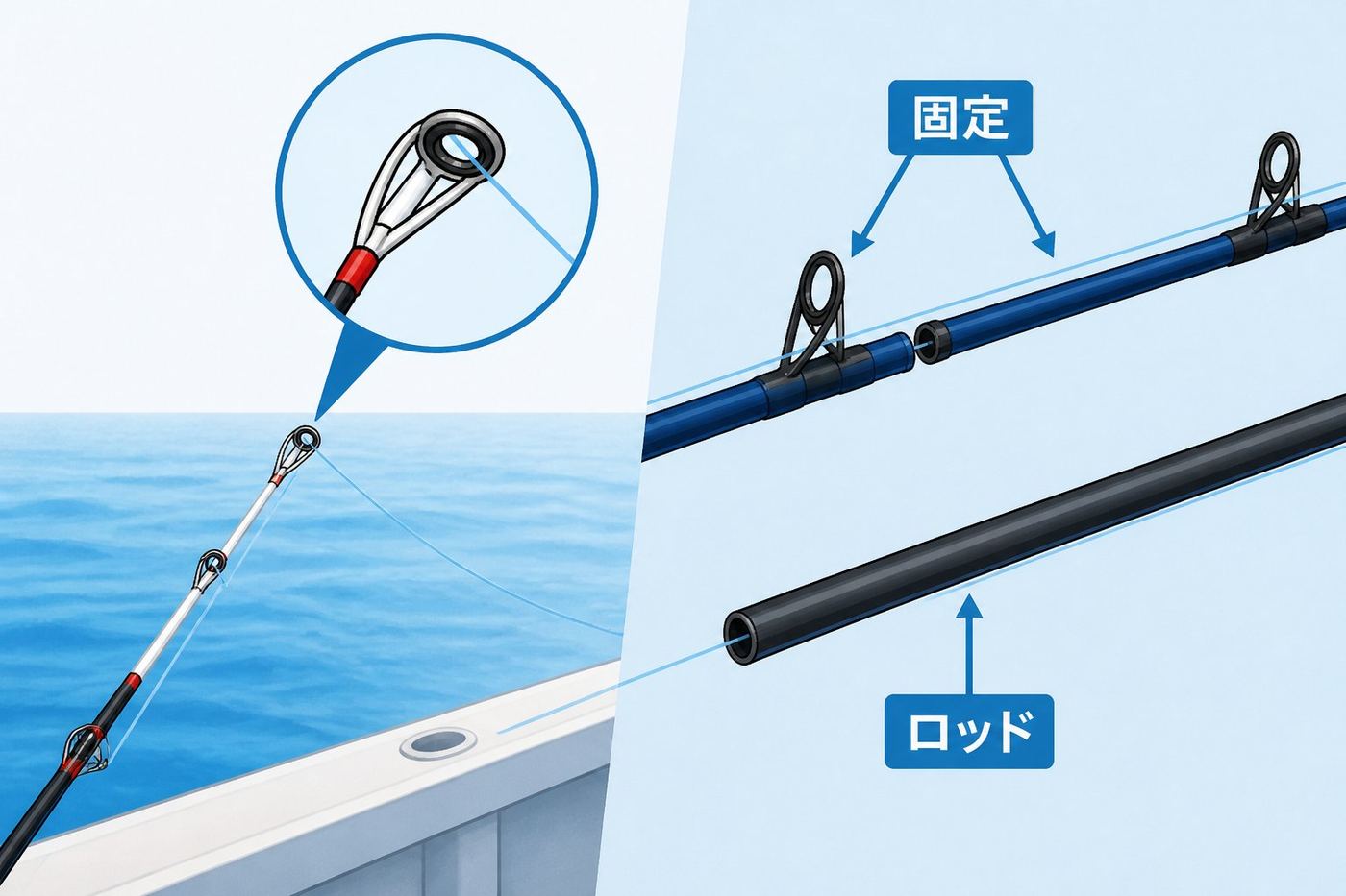 釣具 船竿のガイド付きと中通しの違い、道糸の糸通し方法を解説