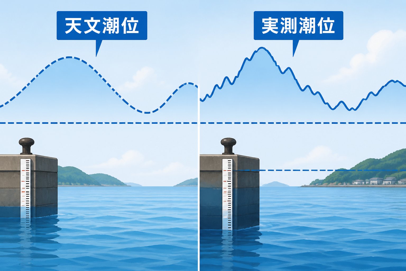 安全 釣りに使う気象庁の潮位表で見る天文潮位と実測潮位の違い